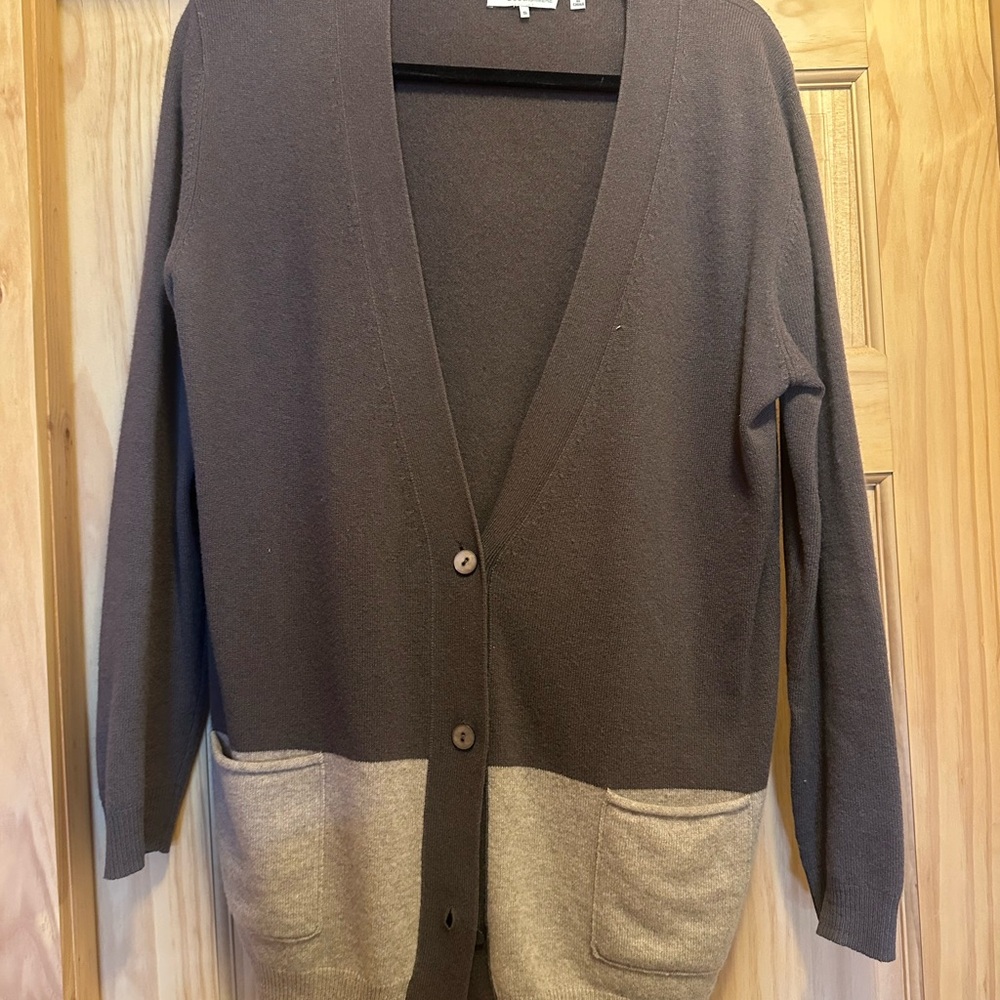 360 Cashmere Two-Tone V-Neck Cardigan in Brown and Cream